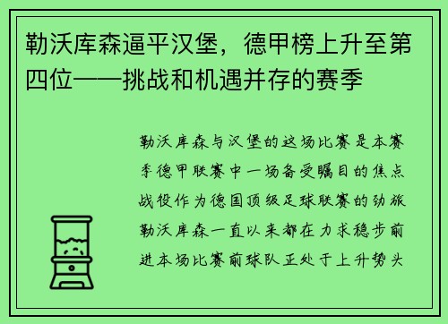 勒沃库森逼平汉堡，德甲榜上升至第四位——挑战和机遇并存的赛季